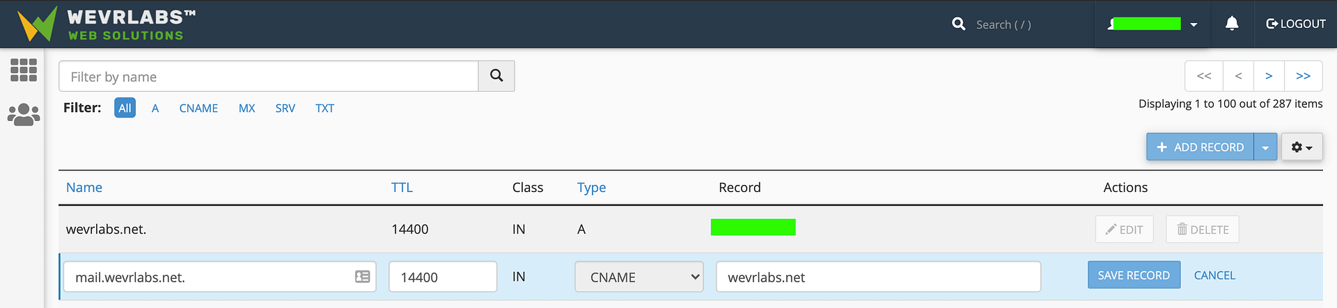 مثال سجلات DNS